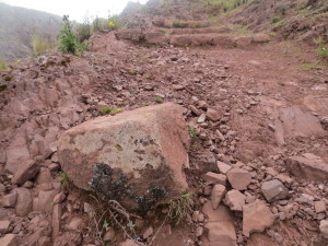 Carved out stone using Incan techniques on the side of the path. 