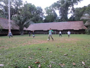 Playing soccer at one of the eco-lodges near the Casa ITA site.