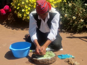 Grinding the plant with a stone...