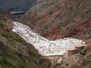 The Salt Ponds nestled in the valley near Maras.