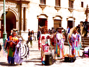 Street musicians from Equador playing in Plaza San Francisco in La Paz, Bolivia. 