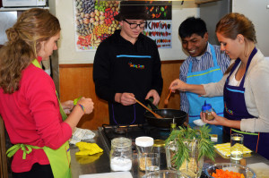 Step 1: Ben and the group, with Pedro to the right, preparing the sauces for the Pachamanca feast.  