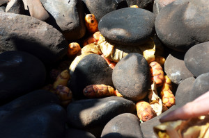 Step 6: Collapse the stones and layer the meat, potatoes and beans with the stones. 