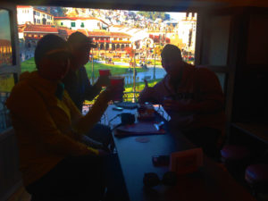 Drinks after with Cusco Plaza de Armas in background